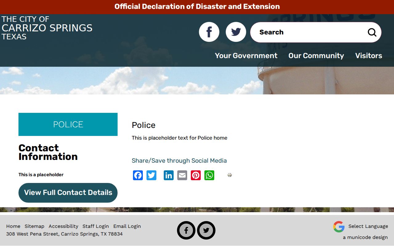 Carrizo Springs warrant search research: official police page showing placeholder copy