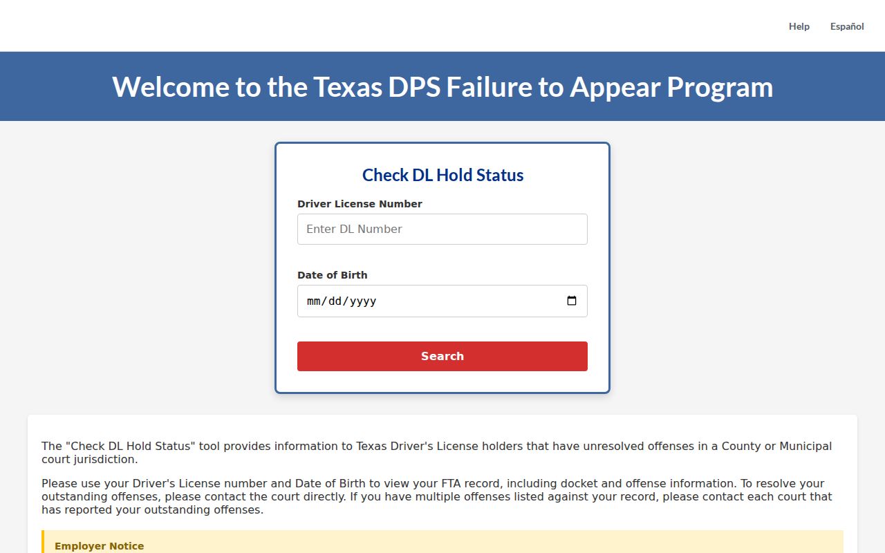 Dimmit County traffic warrant records: Texas FTA form fields